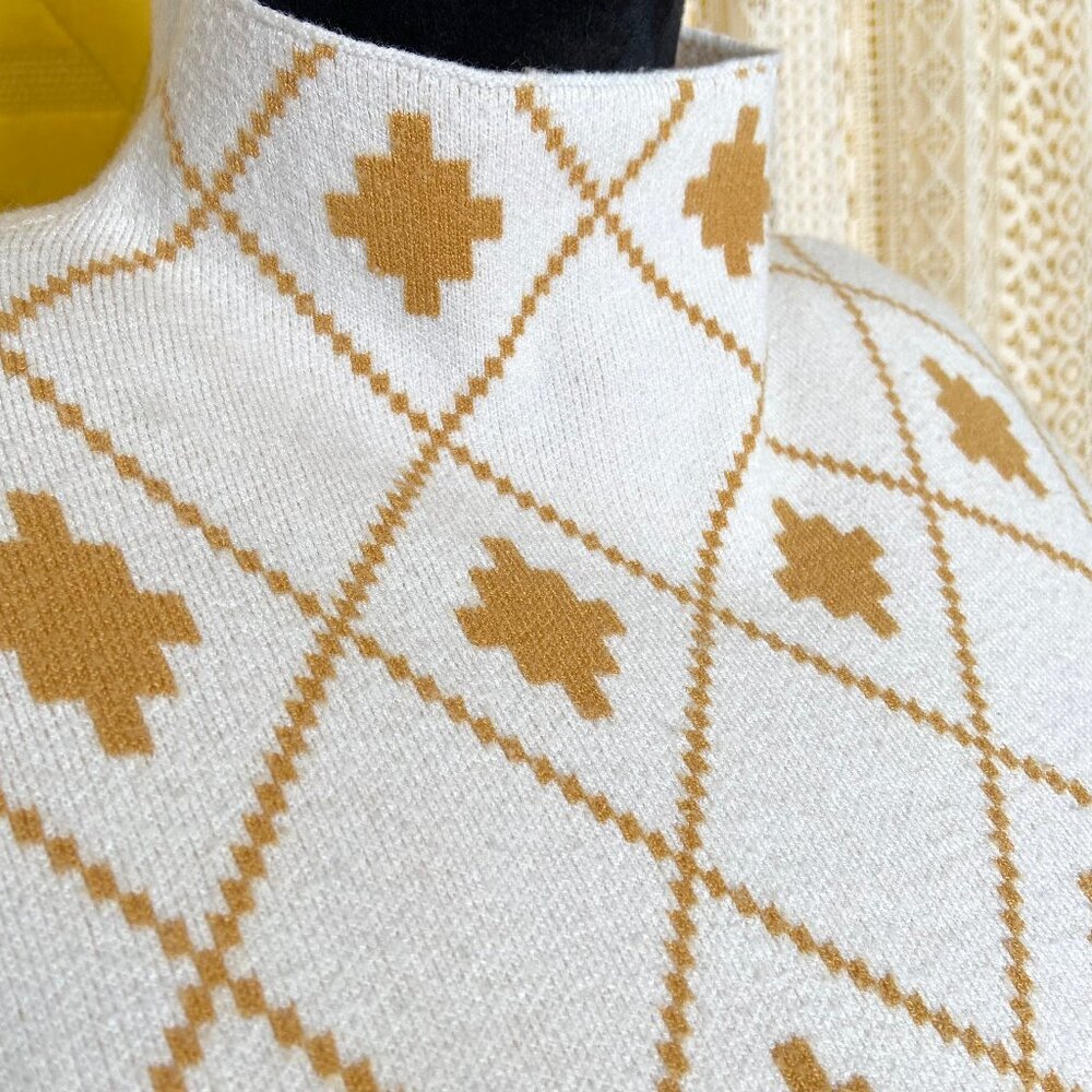 🦋 3 for $15 Rachel Zoe Funnel Mock Neck Mustard and Cream Argyle Sweater - Picture 9 of 9